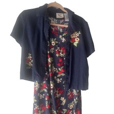Ease Sport Vintage Size 8 Blue Floral Linen Blend Dress & Cardigan Cottage