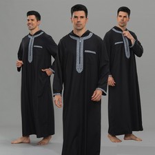 Dubai Men Embroidery Kaftan Hooded Casual Long Robe Jubba Thoub Islamic Caftan