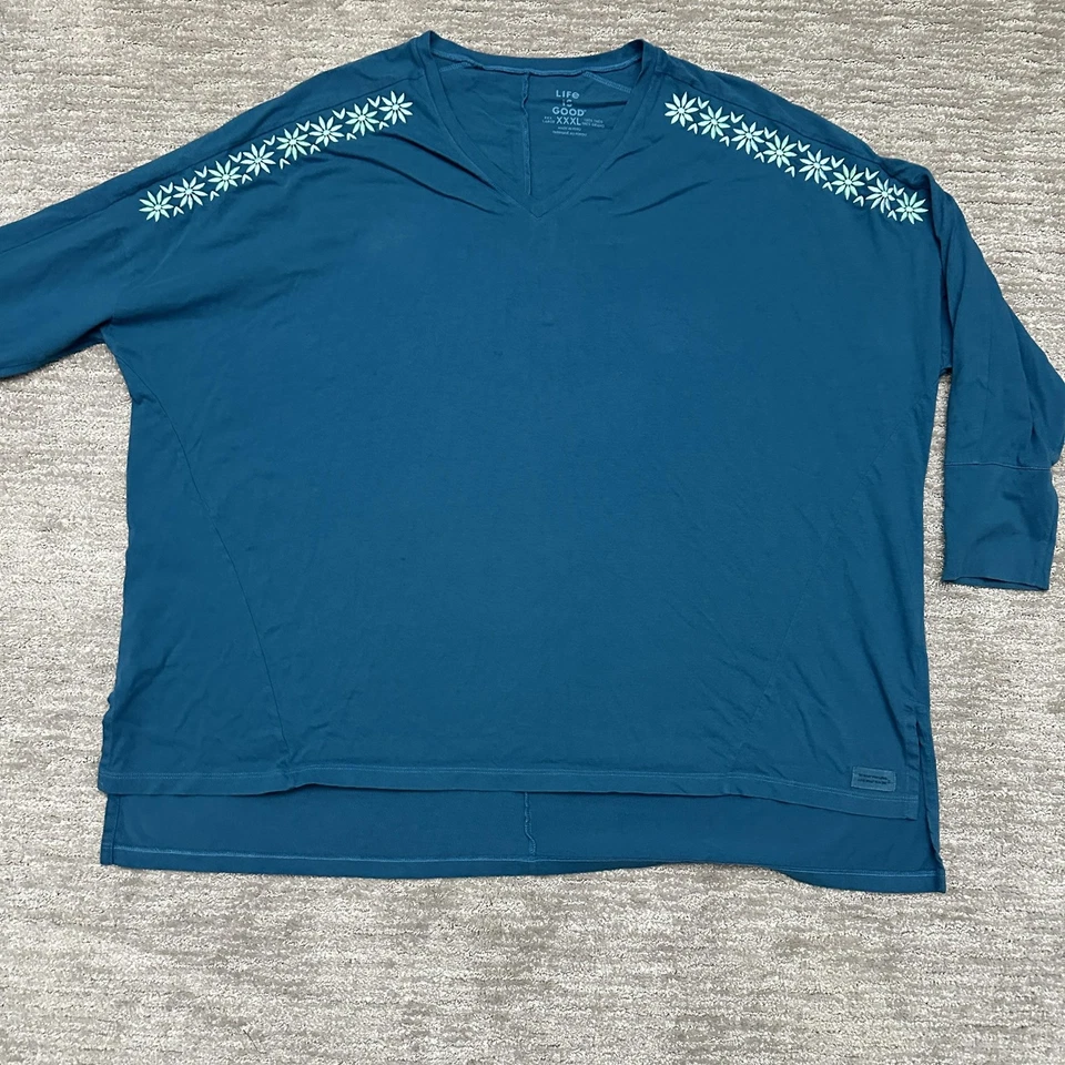 Life Is Good Shirt Womens Plus Size 3XL Blue Floral Happy Looks Good On You - Image 3 of 4