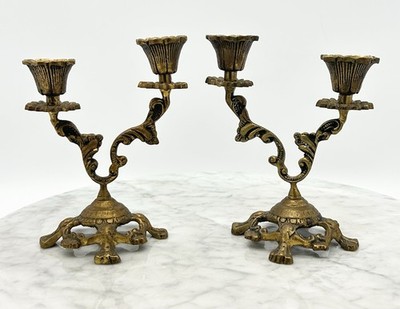 Pair Of Mid Century Brass Candelabras Italian Art Nouveau/French Baroque Small