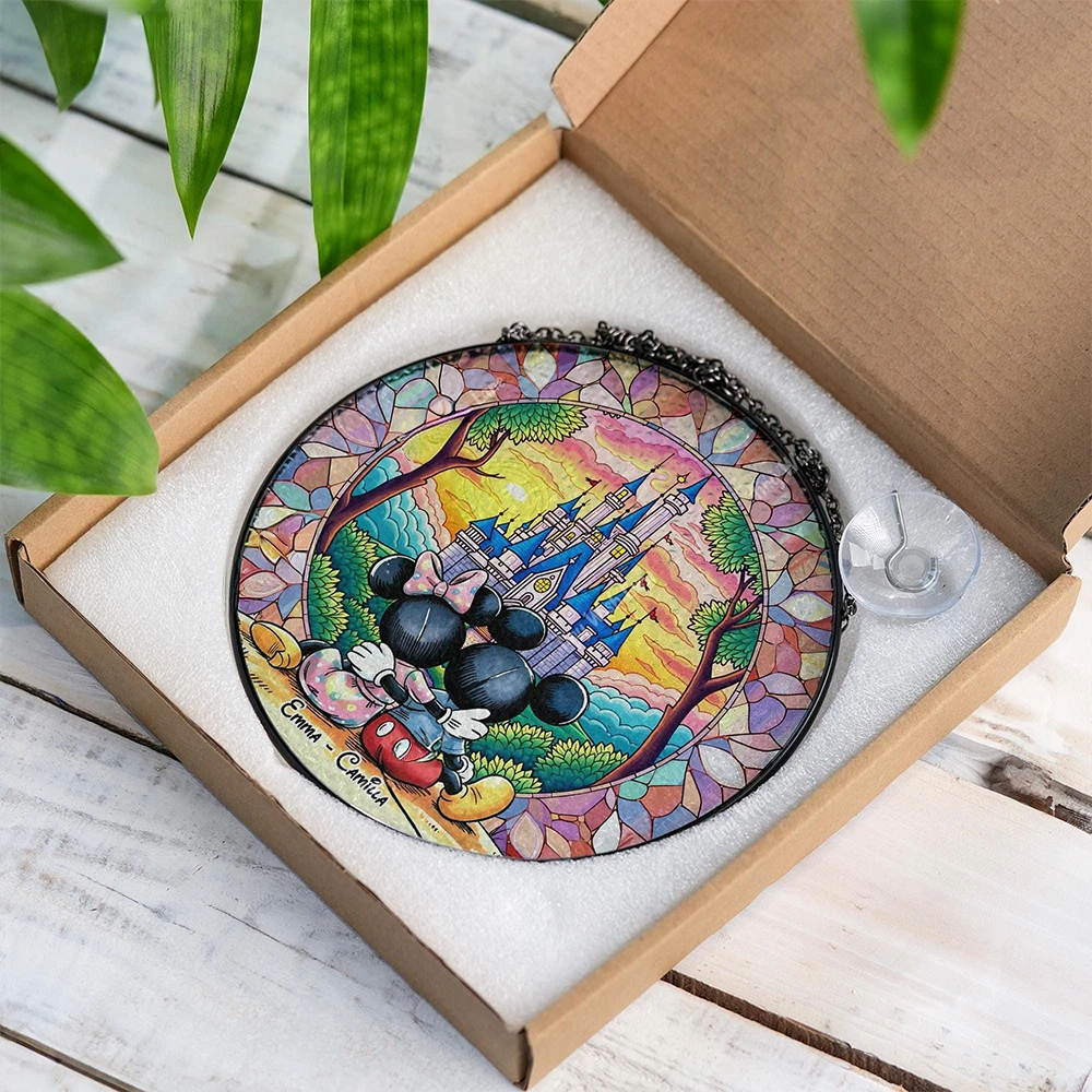 Personalized Mickey Mouse Stained Glass Suncatcher, Custom Couple Name Disney