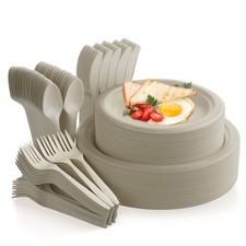Fuyit 250Pcs Disposable Paper Plates Set with Cutlery, Compostable Biodegrada...