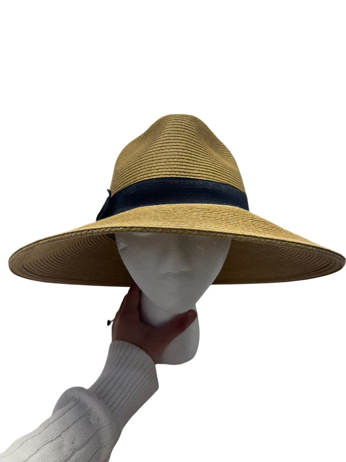 Wide Brim Straw Hat With Black Ribbon Bow & Pineapple Accent #9851