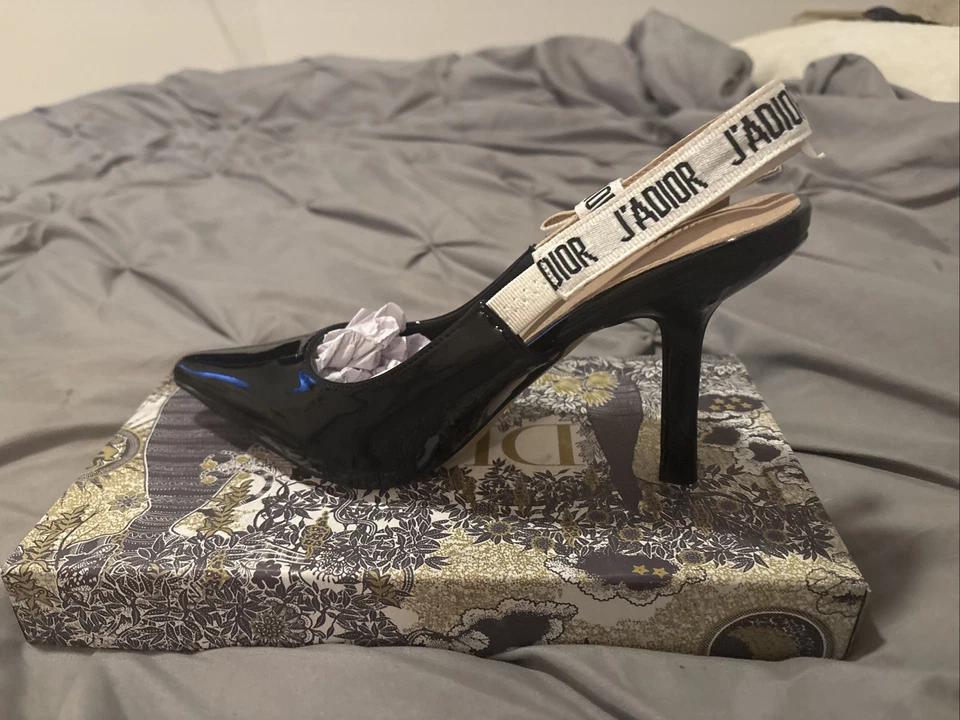 Christian Dior J'Adior Slingback Pumps Black Fabric Pointed Toe Heels Size 8.5 - Image 3 of 4