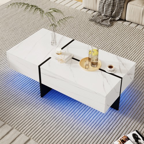 Couchtisch Wohnzimmertisch mit LED Beleuchtung Beistelltisch Marmor Hochglanz - Bild 6 von 13