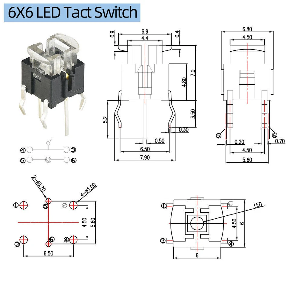 4 Pin/SMD LED Illuminated Switch Momentary Push Button Tactile SPST Micro PCB - Image 3 of 4