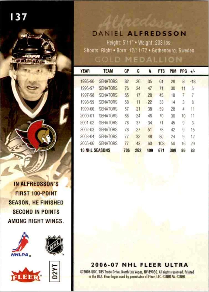 2006-07 Fleer Ultra Gold Medallion Daniel Alfredsson #137 - Image 2 of 2