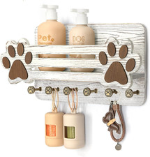 Rustic Farmhouse Dog Leash Holder with Floating Shelf  6 Hooks - White Decor