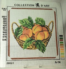 Vintage 1980s Collection D' Art Needlepoint Canvas Basket of Peaches  NOS