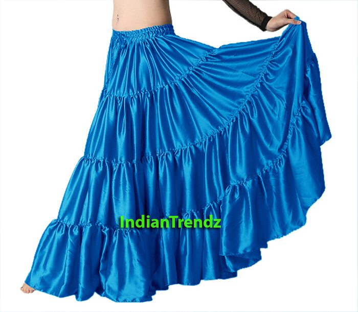 Women's Green Satin Tiered Gypsy Skirt - 6 Yard Flare For Belly Dance, Tribal, Flamenco