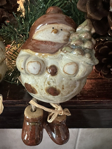 3 Glazed Art Pottery Snowmen Shelf Sitters Earthtones Christmas Winter Decor 6" - Picture 4 of 11