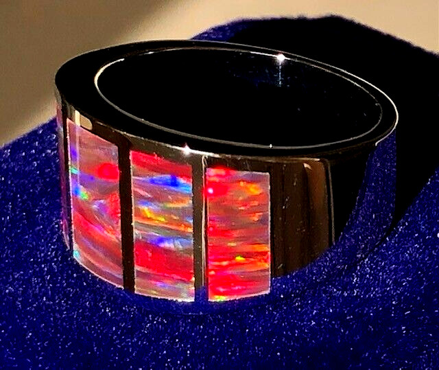 Men's 12 Red Wide Black Ring fire opal SUPER FLASH!! r heavy 'Flames Thrower' y image 7