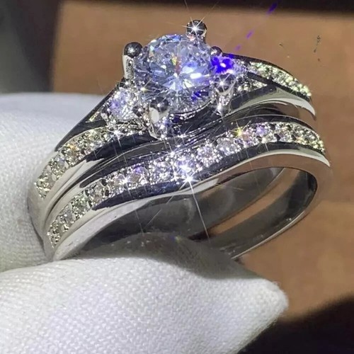 Round Cut 2.00 CT Moissanite Bridal Set Engagement Ring Solid 14K White ...