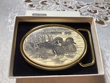 Vintage 1983 Barlow Solid Brass Inlaid Scrimshaw Ducks Oval Belt Buckle nib