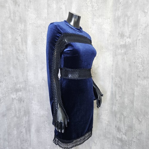 Free Generation LA Womens M Blue Velvet & Black Peekaboo L/S Mockneck Mini Dress - Picture 6 of 9