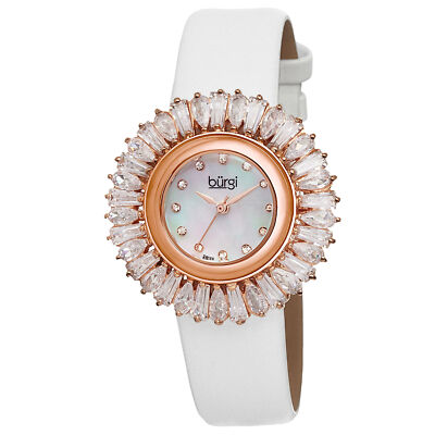 New Women's Burgi BUR092WT Swiss Quartz Diamond MOP Dial White Strap Watch