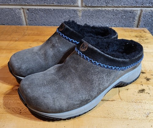 Damenschuhe 7 Merrell Encore Chill Stitch Slipper Clogs grau Wildleder