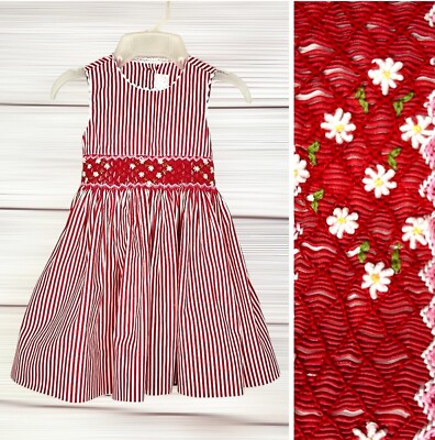 Creation Imaho Smocked Dress Red White Striped Cotton Summer Sleeveless 2 Years
