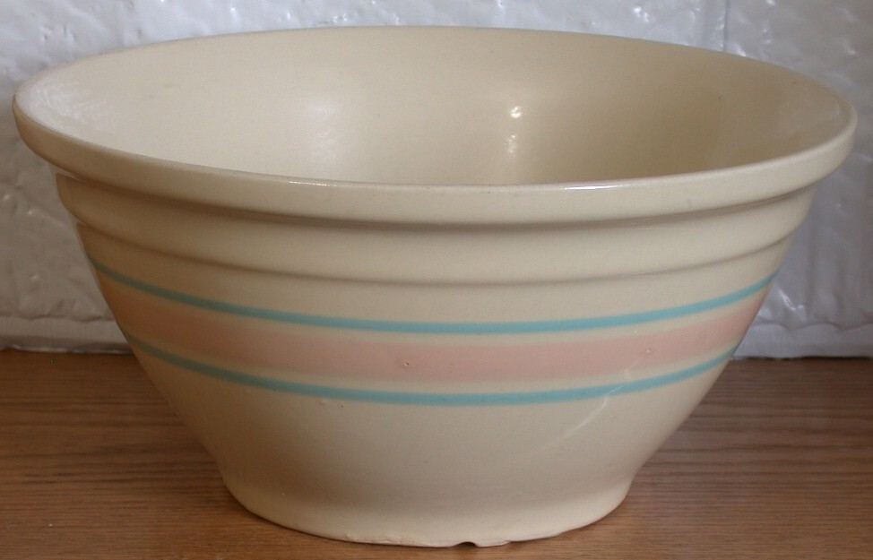 Vintage McCoy Pottery #12 Large Oven Ware Mixing Bowl Pink Blue Stripe USA