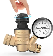 RV Water Pressure Regulator Valve with an Adjustable Knob, NO Tool Required, Bra