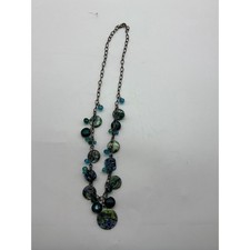 Silver Tone Necklace Iridescent Blue Green Glass Beads Coastal Boho 22 Inch J319
