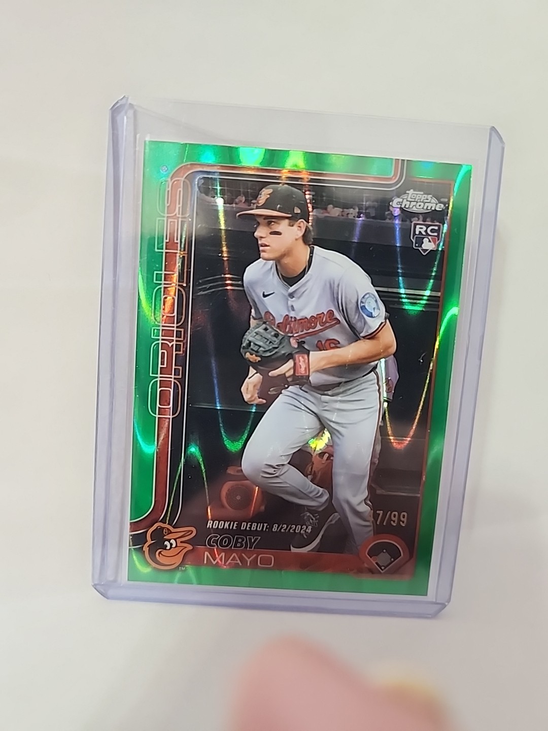 2025 Topps Chrome Update Coby Mayo Green Refractor RC #47/99 USC94 Orioles GEM