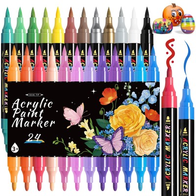 Dual Tip Acrylic Paint Markers, 24 Colors Paint Pens with Fine Tip and Brush ...