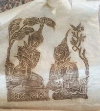 Vintage 1960s Thai Temple Art Charcoal Rubbings on Rice Paper 
