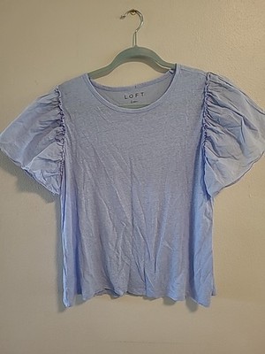 Loft Womens Large Linen Ruffle Sleeve Light Blue Top