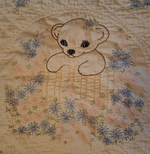 Vintage Handmade Crib or Toddler Quilt w Embroidered Baby Bear 29  X31  Blue Edge