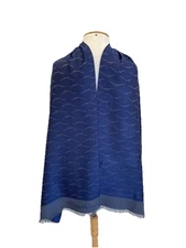 H74# E. Marinella Wool Silk Scarf Blue Reversible Pattern Fringe Made in Italy