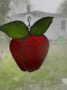 Red Apple Green Leaves Stained Glass Apple Leaded Sun Catcher