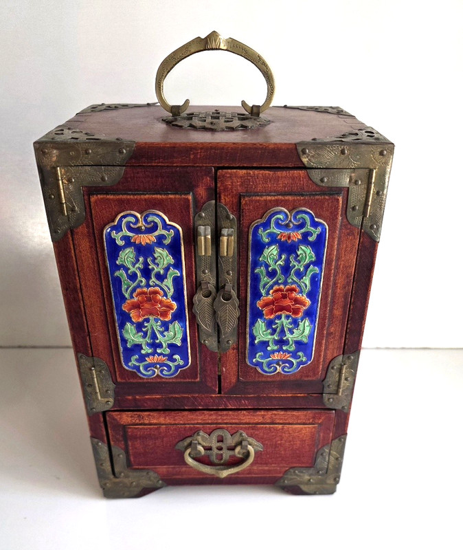 Antique Chinese Wood & Brass With Blue Enamel Panels Cabinet Jewelry Box