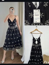 New Zara Black Midi Dress With Contrast Embroidered V-Neck Fit & Flare Size XS