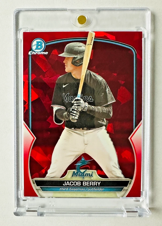 2023 Bowman Chrome Sapphire Jacob Berry RED Refractor Prospect RC #5/5 Marlins! - Image 3 of 3