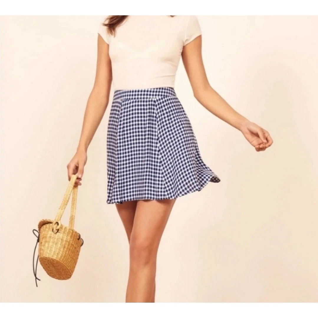Gonna donna Reformation blu gingham minigonna balze zip posteriore taglia 8 #17