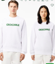 Lacoste Unisex Relaxed Fit Crew Neck Crocodile Sweatshirt White Size Small