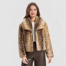 Women's Cropped Faux Fur Jacket - A New Day Brown Deer Dots