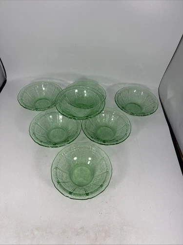 Jeannette Cherry Blossom Green Depression Glass Bowls (Set Of 7) 7oz