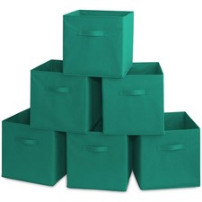 6 Collapsible 13" Fabric Cubby Cube Storage Bin Baskets for Shelves - Teal Green