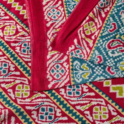 Sanskriti Vintage Blue-Red Pure Cotton Saree Patan Patola Ikat Printed Sari 5+Yd