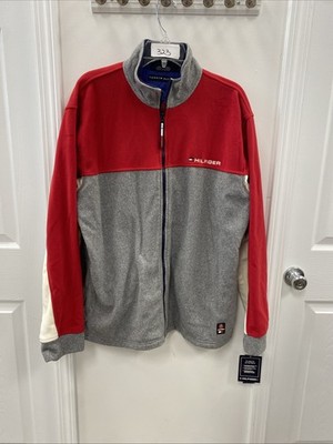 NWT TOMMY HILFIGER RED/GRAY/WHITE LONG SLEEVE FULL ZIP FLEECE JACKET SZ L #323