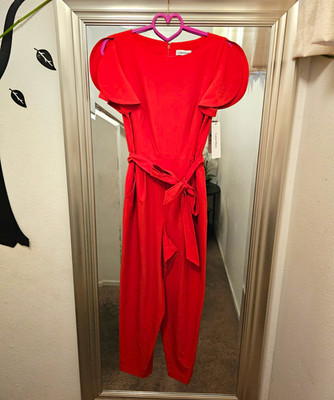 Calvin Klein Red Belted Flutter Sleeve Jumpsuit Zip Round Neck Women s 4