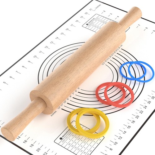 Classic Wooden Rolling Pin with Handle and Pastry Mat for Fondant, Pizza, Pie...