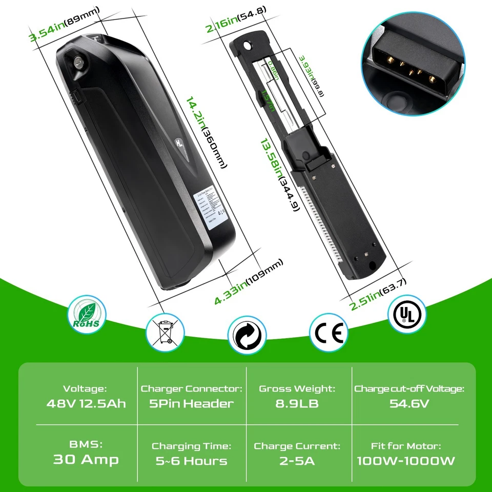 52V/48V 12,5 Ah/15Ah/20Ah/Hailong Ebike литиевый аккумулятор для 200 Вт-1800 Вт двигателя BMS - Изображение 2 из 4