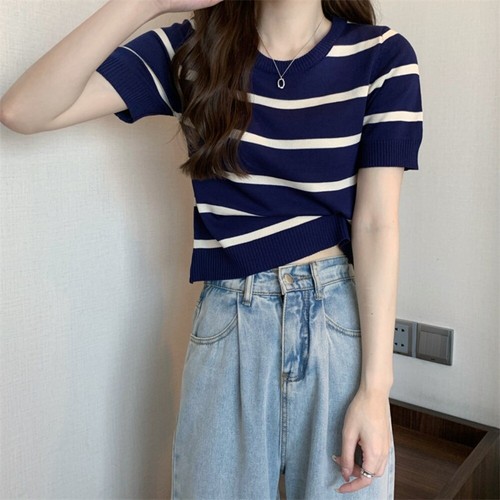 Summer Korean Women Fashion Temperament Lazy Round Neck Knitted Striped T-Shirt - Bild 4 von 23