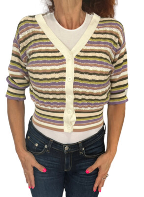 MARELLA CROPPED MULTI STRIPE POINTELLE CROP 3/4 SLEEVE V NECK CARDIGAN SWEATER S