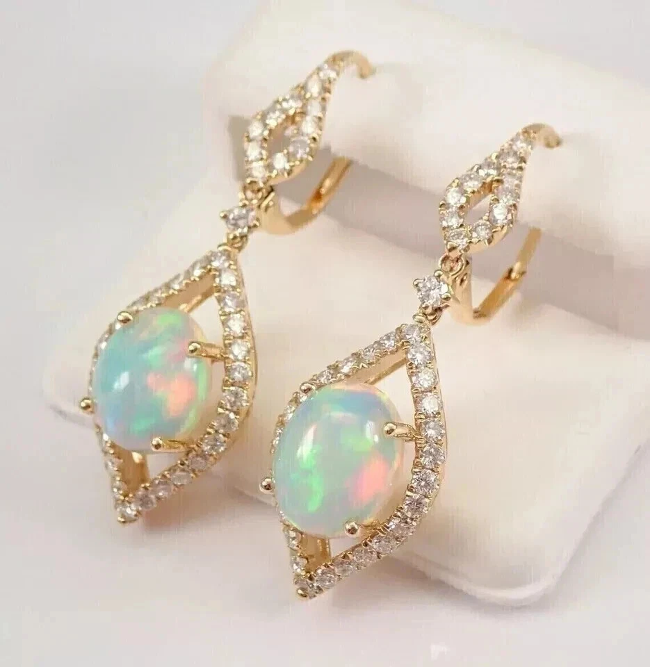 3Ct Oval Cut Lab Created Fire Opal Women Drop Dangle Earrings14kYellowGoldPlated - Image 2 of 2