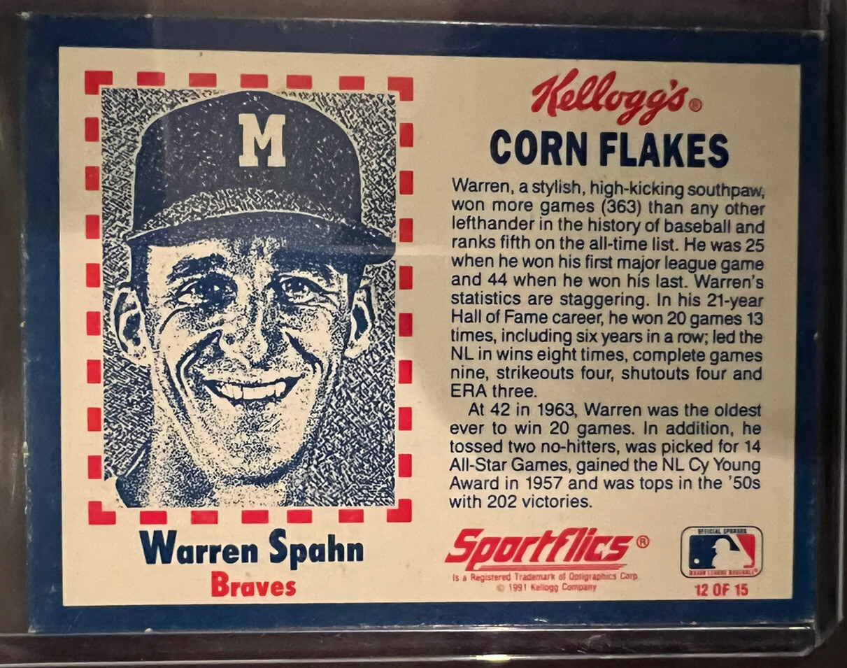 1991 Kellogg’s Corn Flakes Baseball Greats Warren Spahn Sportsflics 3D