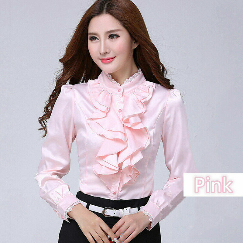 Ladies Satin Top Ruffle Shirt Faux Silk Blouse Frill Lace
